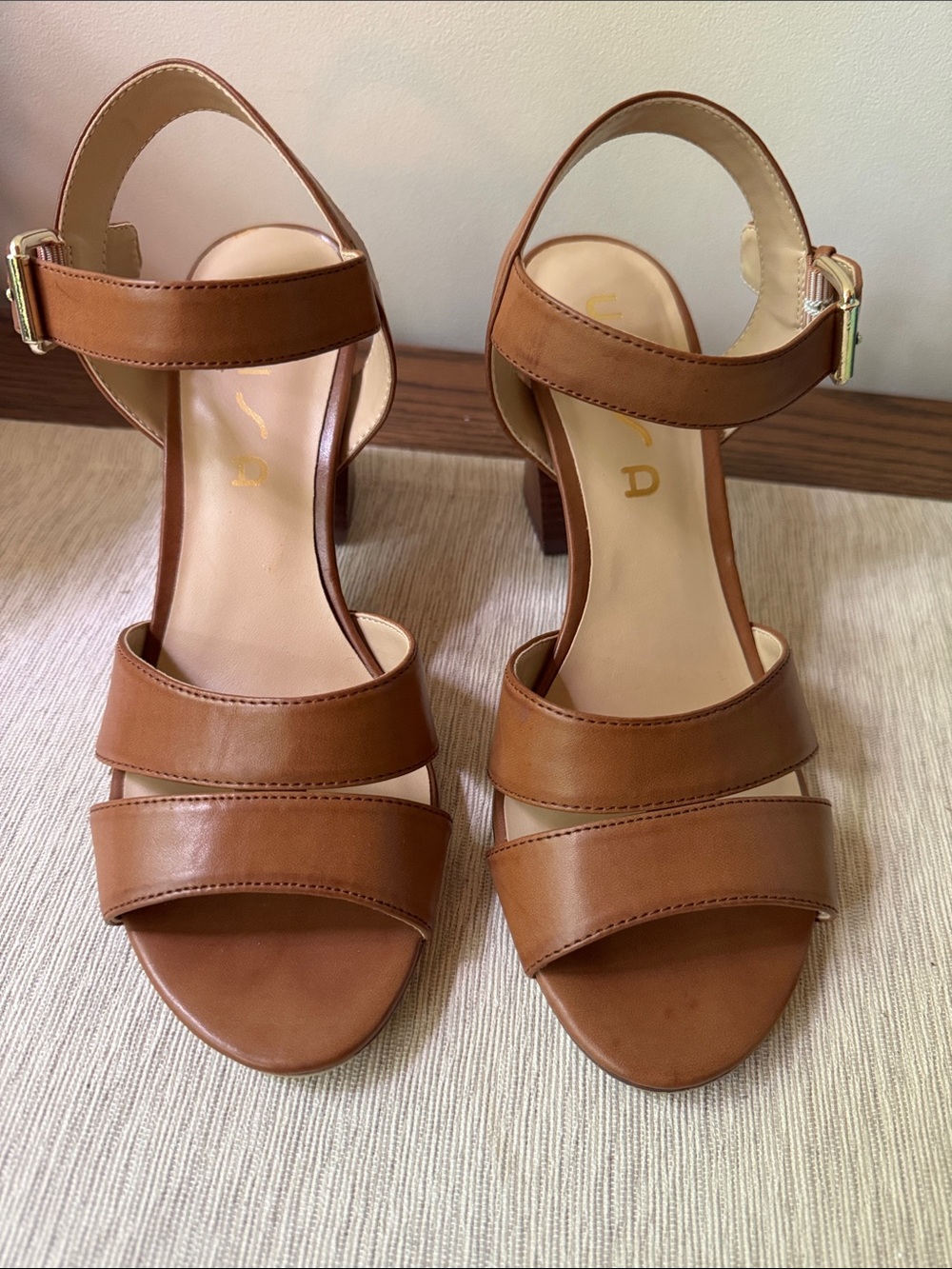 Unisa Tan Triple-Strap Block Heel Sandals